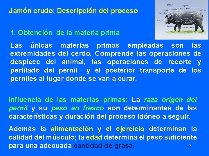 Jamón crudo: Descripción del proceso 1. Obtención de la materia prima Las únicas materias