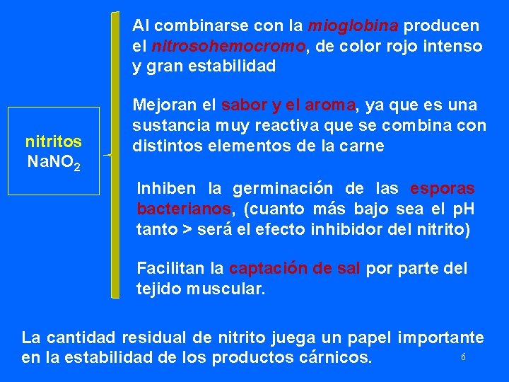 Al combinarse con la mioglobina producen el nitrosohemocromo, de color rojo intenso y gran