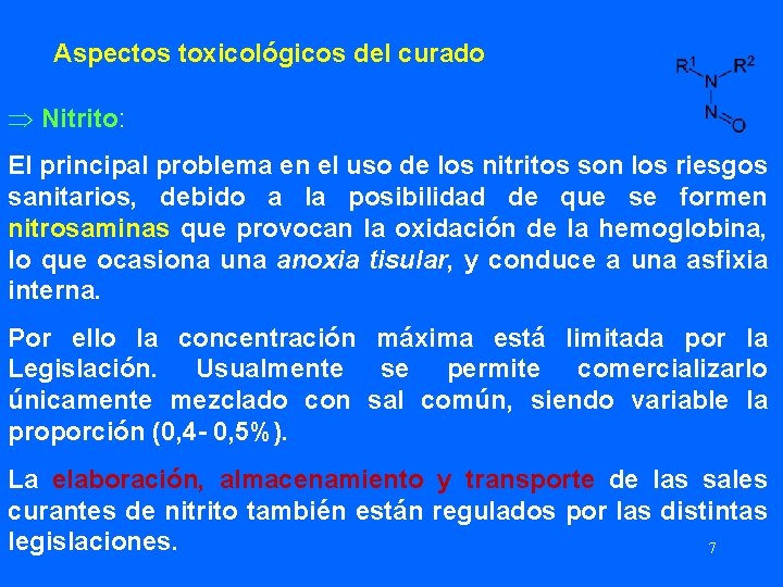 Aspectos toxicológicos del curado Þ Nitrito: El principal problema en el uso de los