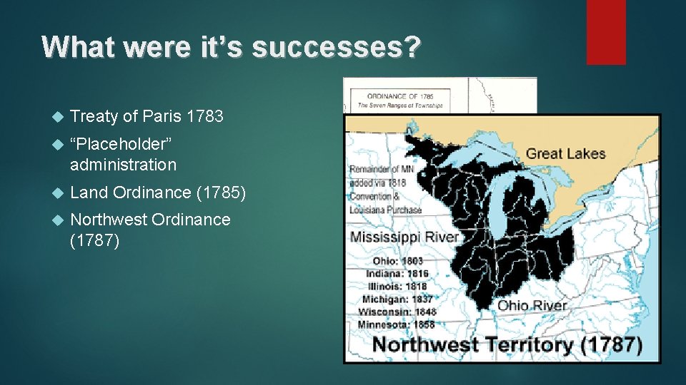 What were it’s successes? Treaty of Paris 1783 “Placeholder” administration Land Ordinance (1785) Northwest