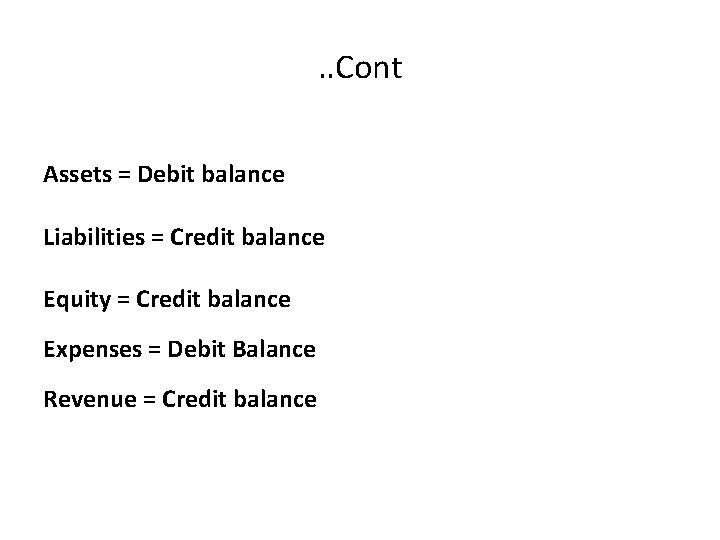 . . Cont Assets = Debit balance Liabilities = Credit balance Equity = Credit