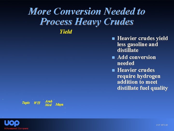 More Conversion Needed to Process Heavy Crudes Yield n n n Tapis WTI Heavier