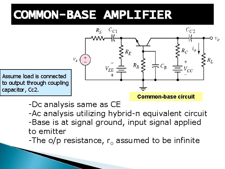 COMMON-BASE AMPLIFIER Assume load is connected to output through coupling capacitor, Cc 2. Common-base