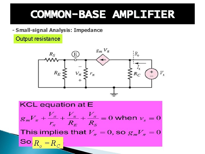 COMMON-BASE AMPLIFIER - Small-signal Analysis: Impedance Output resistance Ro Ix Ro = R C