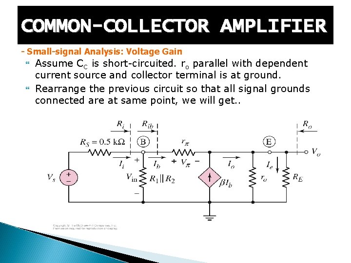 COMMON-COLLECTOR AMPLIFIER - Small-signal Analysis: Voltage Gain Assume CC is short-circuited. ro parallel with