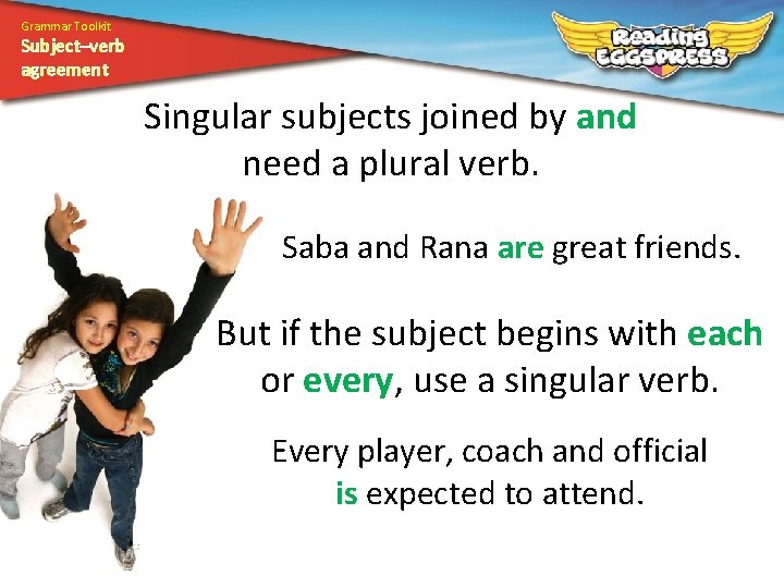 Grammar Toolkit Subject–verb agreement Singular subjects joined by and need a plural verb. Saba