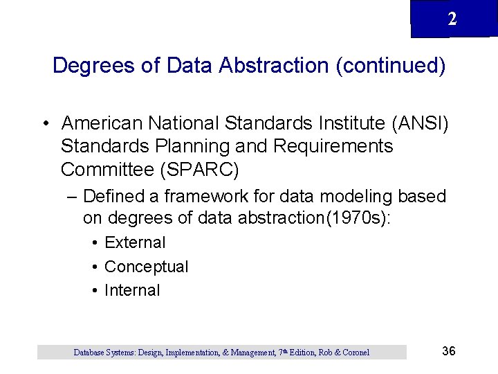 2 Degrees of Data Abstraction (continued) • American National Standards Institute (ANSI) Standards Planning