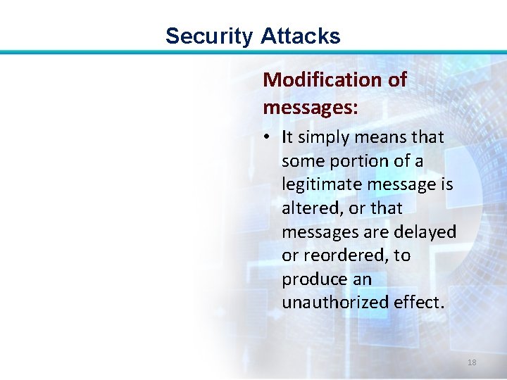 Security Attacks Modification of messages: • It simply means that some portion of a