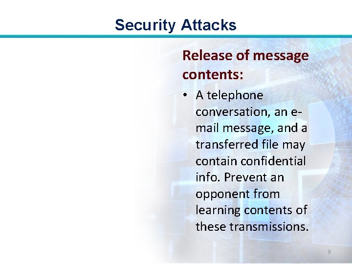 Security Attacks Release of message contents: • A telephone conversation, an email message, and