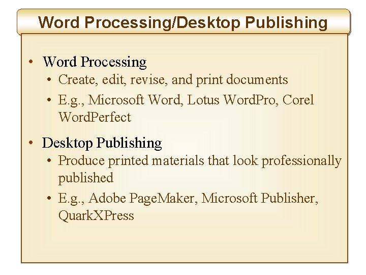 Word Processing/Desktop Publishing • Word Processing • Create, edit, revise, and print documents •