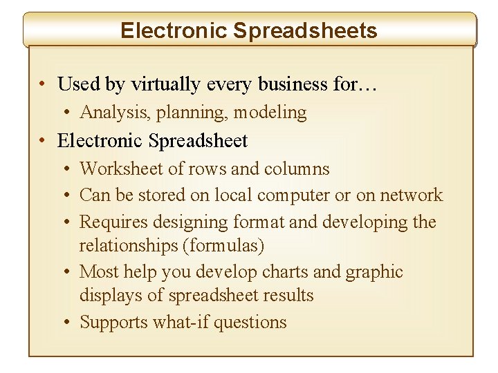Electronic Spreadsheets • Used by virtually every business for… • Analysis, planning, modeling •