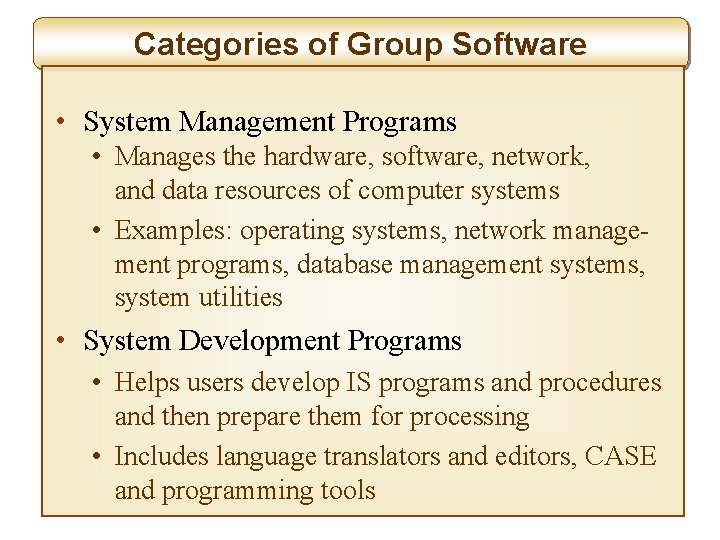 Categories of Group Software • System Management Programs • Manages the hardware, software, network,