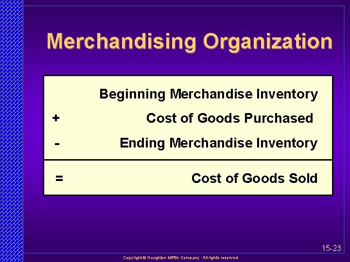Merchandising Organization Beginning Merchandise Inventory + Cost of Goods Purchased - Ending Merchandise Inventory