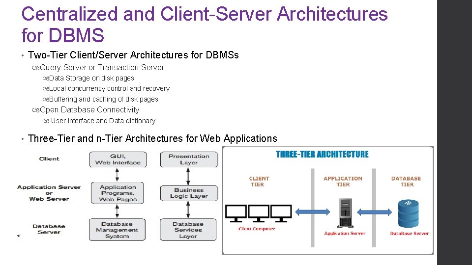 Centralized and Client-Server Architectures for DBMS • Two-Tier Client/Server Architectures for DBMSs Query Server Centralized and Client-Server Architectures for DBMS • Two-Tier Client/Server Architectures for DBMSs Query Server