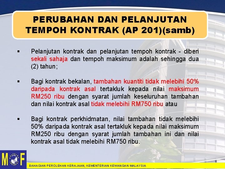 PERUBAHAN DAN PELANJUTAN TEMPOH KONTRAK (AP 201)(samb) § Pelanjutan kontrak dan pelanjutan tempoh kontrak