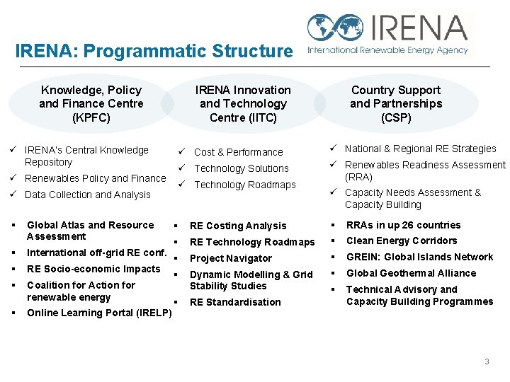 IRENA: Programmatic Structure Knowledge, Policy and Finance Centre (KPFC) ü IRENA’s Central Knowledge Repository