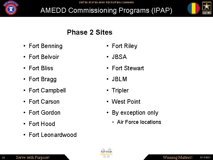 UNITED STATES ARMY RECRUITING COMMAND AMEDD Commissioning Programs (IPAP) Phase 2 Sites • Fort