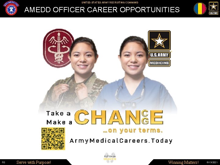 UNITED STATES ARMY RECRUITING COMMAND AMEDD OFFICER CAREER OPPORTUNITIES 50 Serve with Purpose! Winning