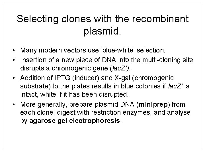 Selecting clones with the recombinant plasmid. • Many modern vectors use ‘blue-white’ selection. •