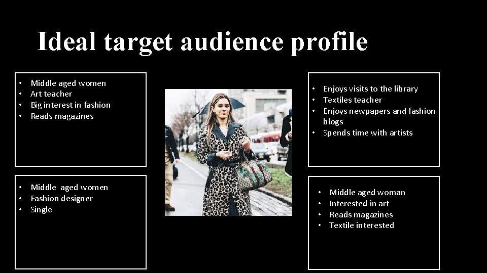 Ideal target audience profile • • Middle aged women Art teacher Big interest in