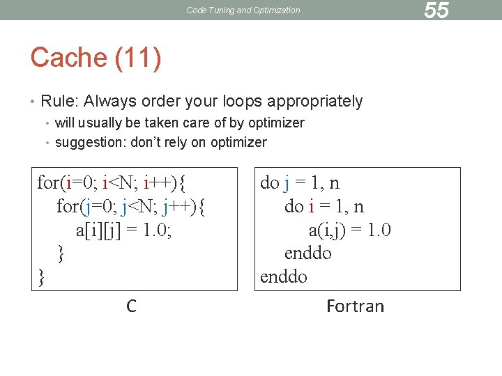 Code Tuning and Optimization Cache (11) • Rule: Always order your loops appropriately •