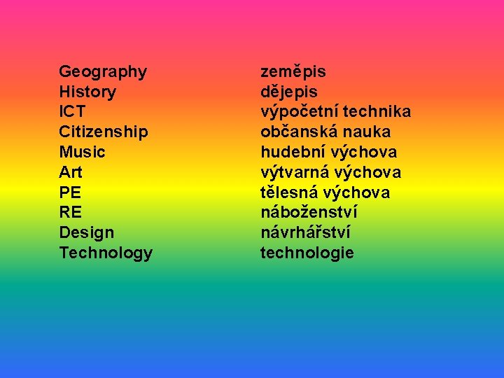 Geography History ICT Citizenship Music Art PE RE Design Technology zeměpis dějepis výpočetní technika