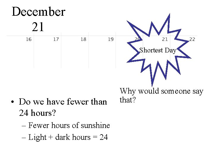 December 21 Shortest Day • Do we have fewer than 24 hours? – Fewer