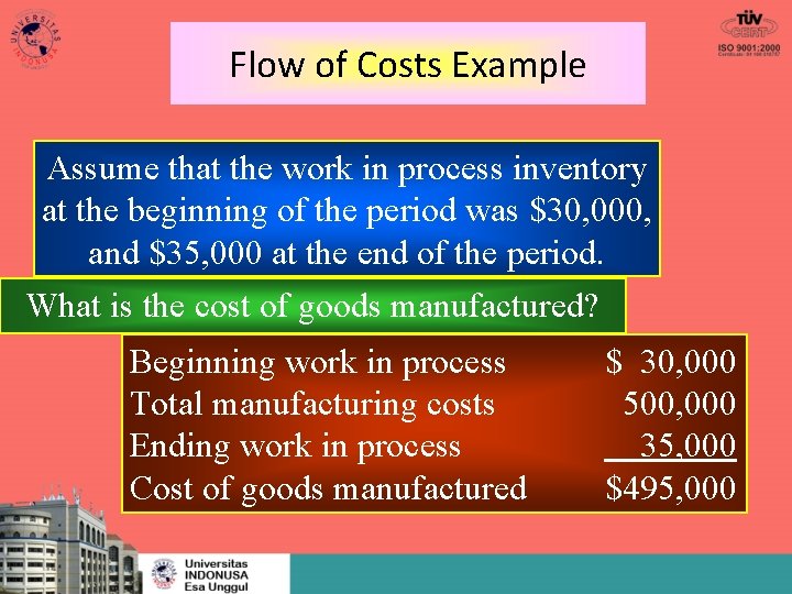 Flow of Costs Example Assume that the work in process inventory at the beginning