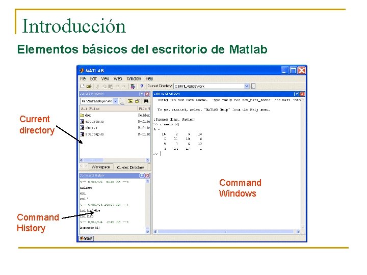 Introducción Elementos básicos del escritorio de Matlab Current directory Command Windows Command History 