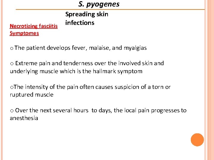 S. pyogenes Necrotizing fasciitis Symptomes Spreading skin infections o The patient develops fever, malaise, S. pyogenes Necrotizing fasciitis Symptomes Spreading skin infections o The patient develops fever, malaise,