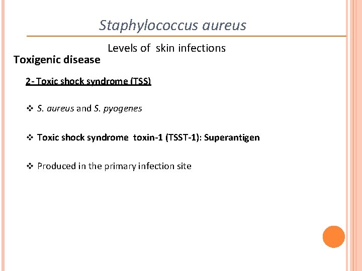Staphylococcus aureus Toxigenic disease Levels of skin infections 2 - Toxic shock syndrome (TSS)