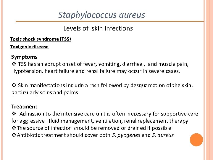 Staphylococcus aureus Levels of skin infections Toxic shock syndrome (TSS) Toxigenic disease Symptoms v