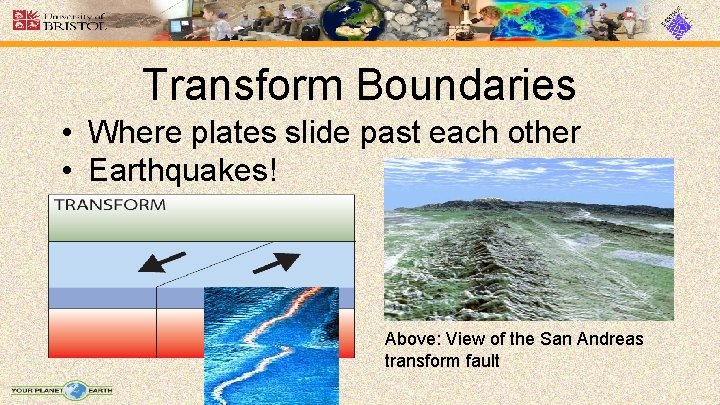 Transform Boundaries • Where plates slide past each other • Earthquakes! Above: View of