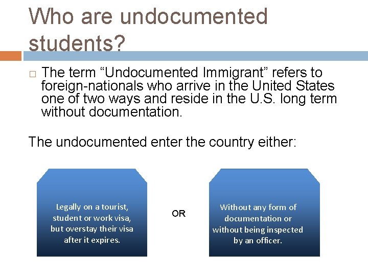 Who are undocumented students? � The term “Undocumented Immigrant” refers to foreign-nationals who arrive