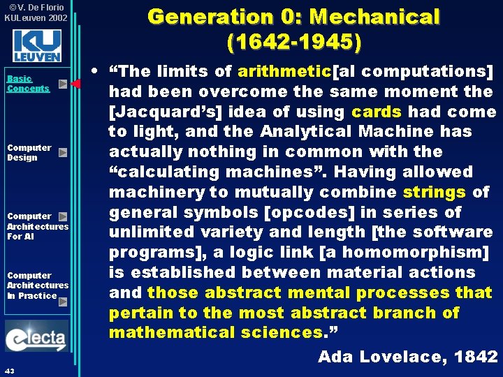 © V. De Florio KULeuven 2002 Basic Concepts Computer Design Computer Architectures For AI © V. De Florio KULeuven 2002 Basic Concepts Computer Design Computer Architectures For AI