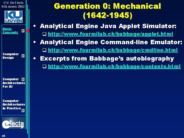 © V. De Florio KULeuven 2002 Basic Concepts Generation 0: Mechanical (1642 -1945) • © V. De Florio KULeuven 2002 Basic Concepts Generation 0: Mechanical (1642 -1945) •
