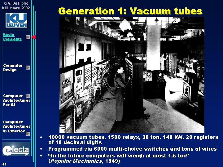 © V. De Florio KULeuven 2002 Generation 1: Vacuum tubes Basic Concepts Computer Design © V. De Florio KULeuven 2002 Generation 1: Vacuum tubes Basic Concepts Computer Design