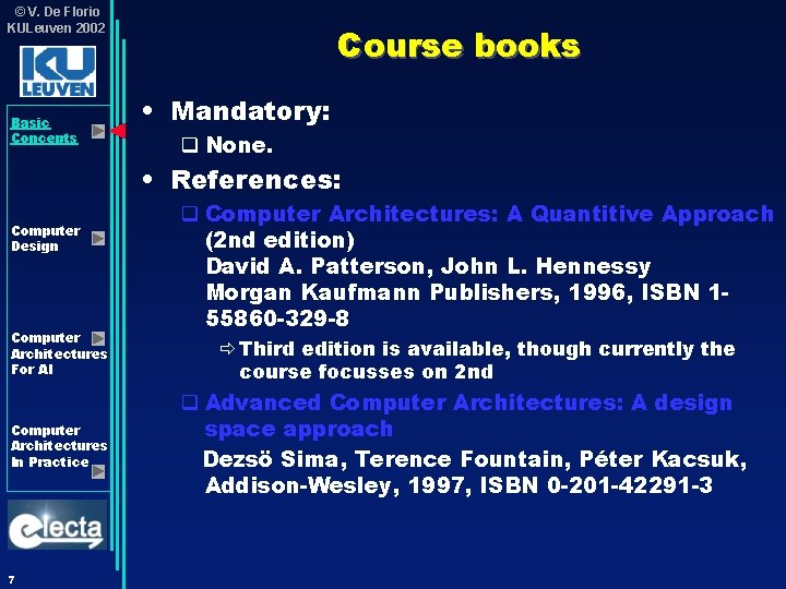 © V. De Florio KULeuven 2002 Basic Concepts Course books • Mandatory: q None. © V. De Florio KULeuven 2002 Basic Concepts Course books • Mandatory: q None.