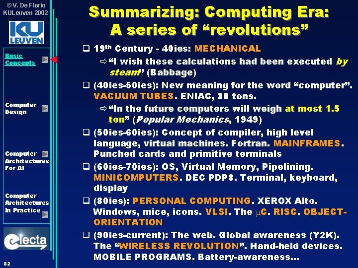 © V. De Florio KULeuven 2002 Basic Concepts Computer Design Computer Architectures For AI © V. De Florio KULeuven 2002 Basic Concepts Computer Design Computer Architectures For AI