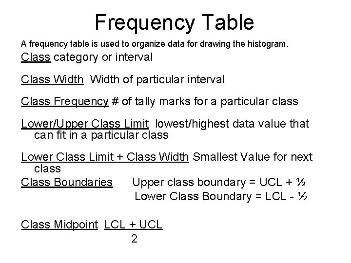 Frequency Table A frequency table is used to organize data for drawing the histogram.