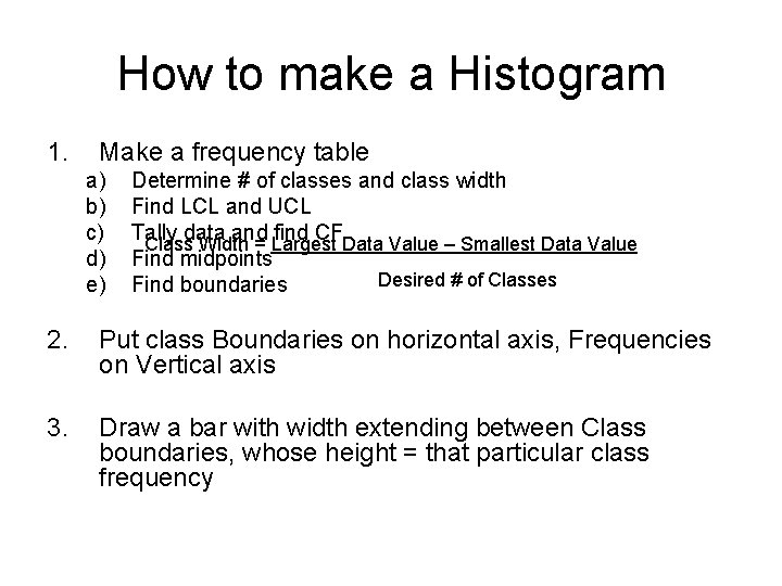 How to make a Histogram 1. Make a frequency table a) b) c) d)