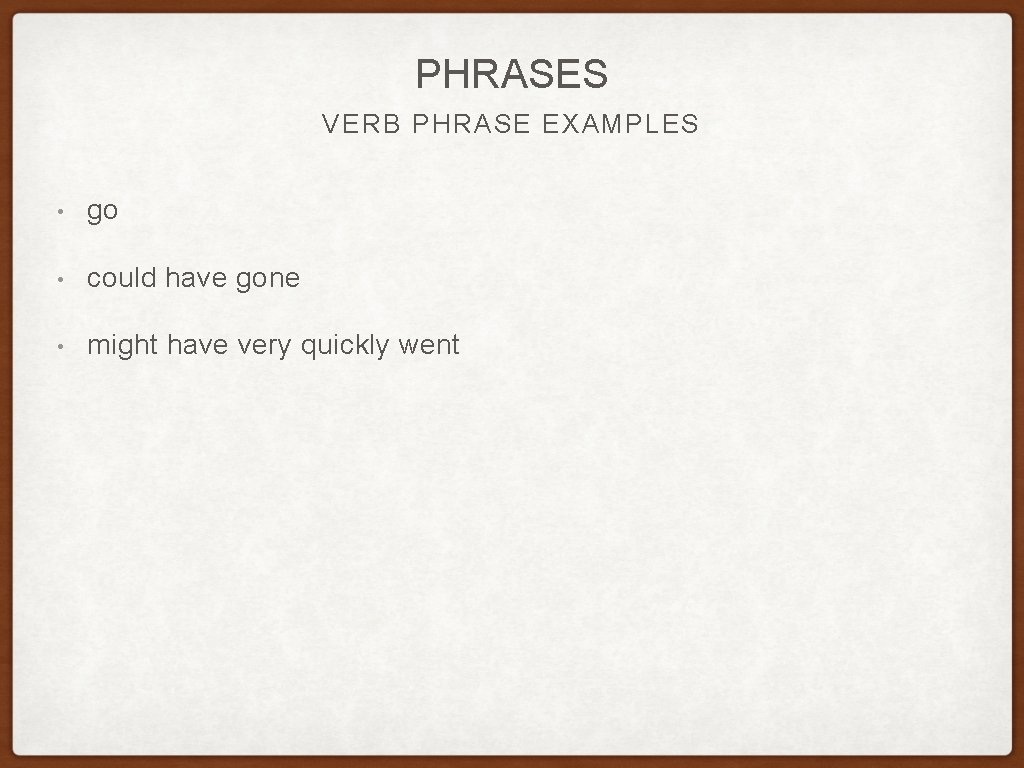 PHRASES VERB PHRASE EXAMPLES • go • could have gone • might have very PHRASES VERB PHRASE EXAMPLES • go • could have gone • might have very