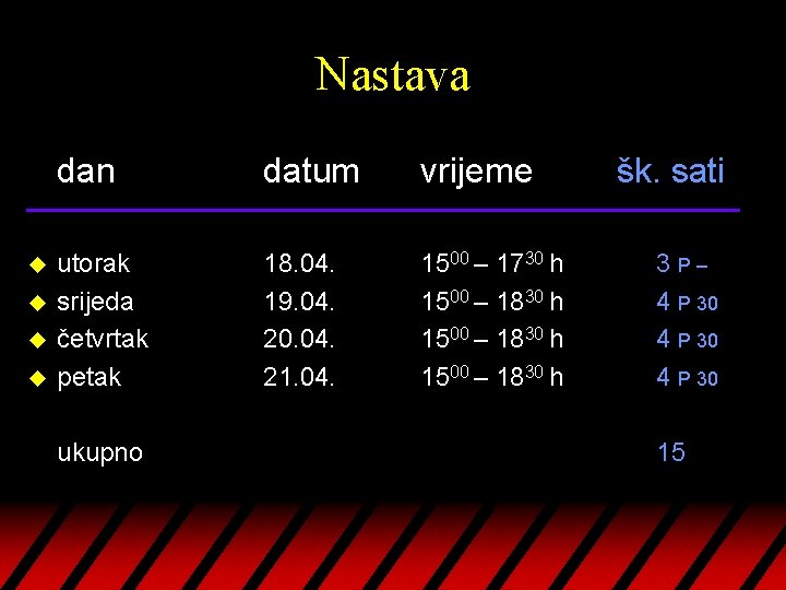 Nastava u u dan datum vrijeme utorak srijeda četvrtak petak 18. 04. 19. 04.