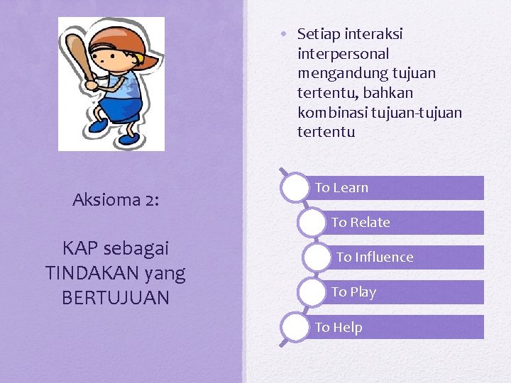  • Setiap interaksi interpersonal mengandung tujuan tertentu, bahkan kombinasi tujuan-tujuan tertentu Aksioma 2: