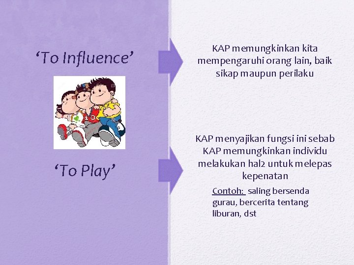 ‘To Influence’ ‘To Play’ KAP memungkinkan kita mempengaruhi orang lain, baik sikap maupun perilaku