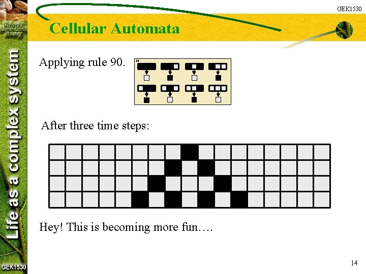 GEK 1530 Cellular Automata Applying rule 90. 90: After three time steps: Hey! This