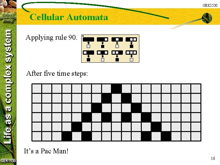 GEK 1530 Cellular Automata Applying rule 90. 90: After five time steps: It’s a