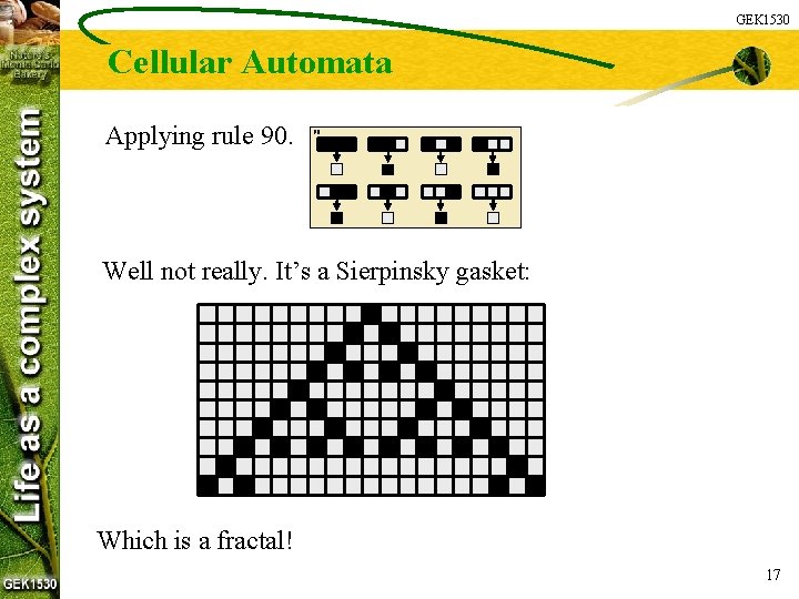 GEK 1530 Cellular Automata Applying rule 90. 90: Well not really. It’s a Sierpinsky