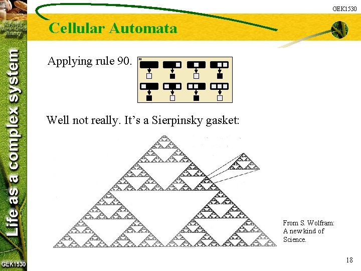 GEK 1530 Cellular Automata Applying rule 90. 90: Well not really. It’s a Sierpinsky