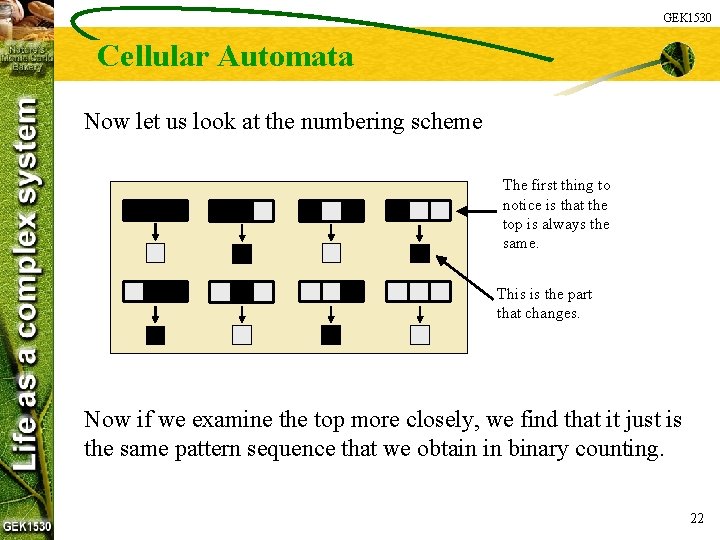 GEK 1530 Cellular Automata Now let us look at the numbering scheme The first